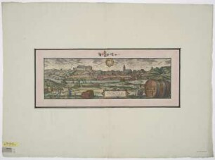 Ansicht von Tübingen, Radierung, um 1572 : Tubinga = Tubingen / [Stecher: Franz Hogenberg. Hrsg.: Georg Braun]. - [Coloniae Agrippiae] : [Auctores] , [um 1572]. - 1 Ansicht : Radierung ; 46 x 14 cm. Mit 1 Wappen. - Mit Darstellung d. Weinfasses v. Herzog Ulrich unten rechts. - Auch ersch. in: Civitates orbis terrarvm, T. IV