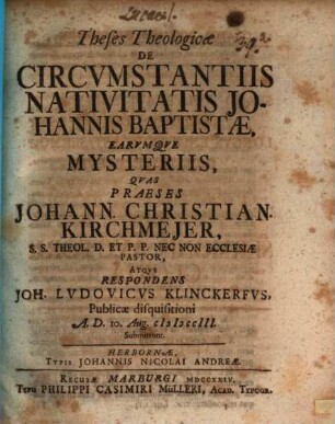 Theses Theologicae De Circvmstantiis Nativitatis Johannis Baptistae Earvmqve Mysteriis