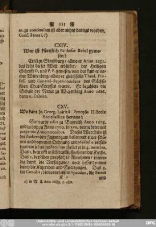 CXV. Wo kam Io. Georg. Lairizii Synopsis Historiae Ecclesiasticae heraus?