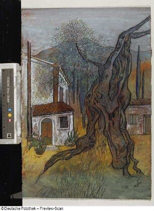 Landschaft mit Gebäuden und Zypressen im Vordergrund Baum