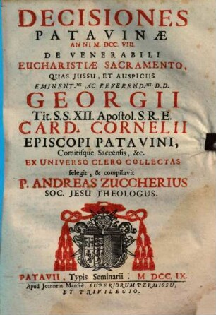 Decisiones Patavinae anni M.DCC.VIII. de venerabili eucharistiae sacramento