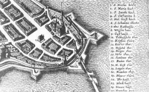 Stralsund. Stadtansicht nach Merian mit Windmühle, um 1652, Ausschnitt