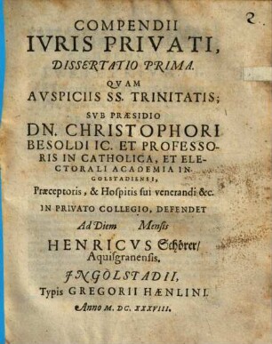 Compendii Ivris Privati, Dissertatio Prima