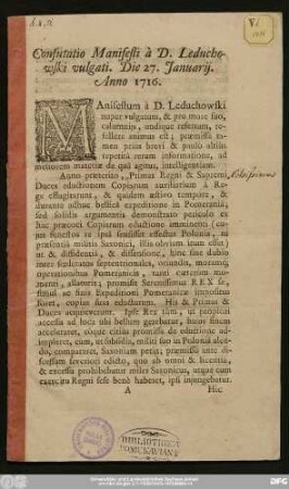 Confutatio Manifesti à D. Leduchowski vulgati : Die 27. Januarij Anno 1716.