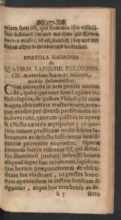Epistola Haimonis de Quatour Lapidibus Philosophicis, materiam suam ex minore mundo desumentibus.