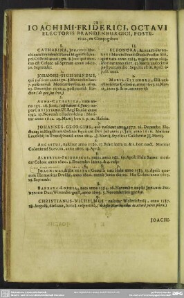 Joachimi-Friederici, Octavi Electoris Brandenburgici, Posteritas, ex Coniugibus ...
