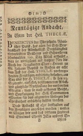 Neuntägige Andacht, Zu Ehren der Heil. Theclæ.