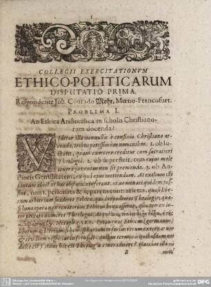 Collegii Exercitationum Ethico-Politicarum Disputatio Prima