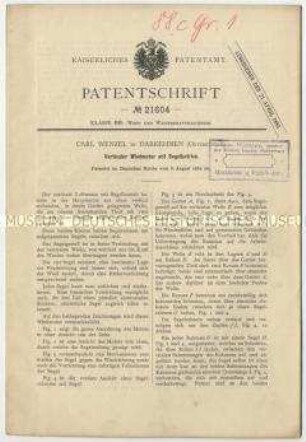 Patentschrift eines vertikalen Windmotors mit Segelbetrieb, Patent-Nr. 21604