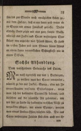Sechste Abhandlung. Vom verschiednen Gebrauche des Cacao.