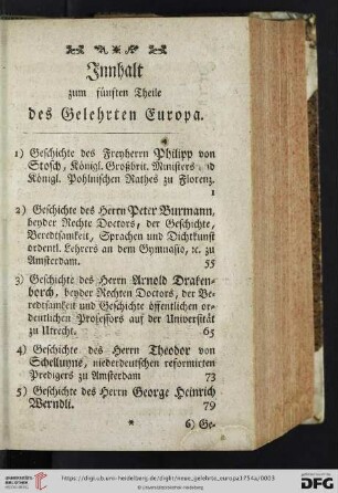 Inhalt zum fünften Theile des Gelehrten Europa.