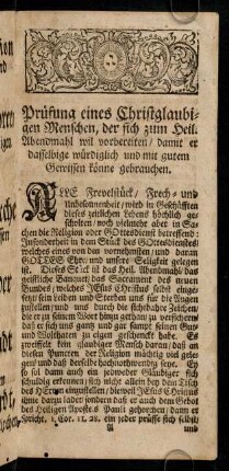 1-21, Prüfung eines Christgläubigen Menschen, der sich zum Heil. Abendmahl wil vorbereiten / damit er dasselbige würdiglich und mit gutem Gewissen könne gebrauchen.