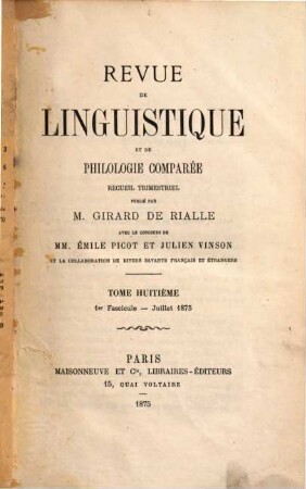 Revue de linguistique et de philologie comparée : recueil trimestriel. 8, 8. 1875/76