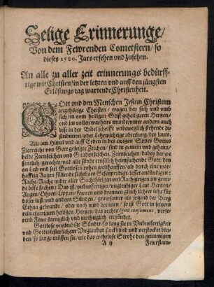 Selige Erinnerunge/ Von dem Fewrenden Cometstern/ so dieses 1580. Jars ersehen und zusehen.