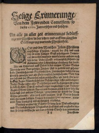 Selige Erinnerunge/ Von dem Fewrenden Cometstern/ so dieses 1580. Jars ersehen und zusehen.