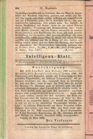 Intelligenz-Blatt. Berichtigung.