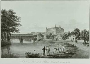 Stadtansicht Weißenfels : Weißenfels, gedeckte Holzbrücke, Radierung