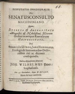 Disputatio Inauguralis De Senatusconsulto Macedoniano