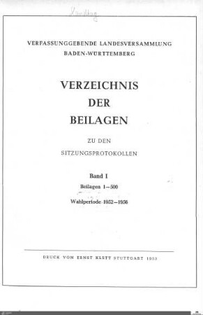 1: Verfassunggebende Landesversammlung Baden-Württemberg, Beilagen, 1952-1953, Bd. 1