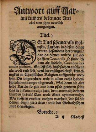 An[n]twort auff Martin[n] Luthers letzt bekennete Artickel, vnsere gantze Religion vnd das Concili belangend Georgij Wicelij