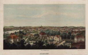 Ansicht von Dresden. Blick vom Linkischen Bad über die Neustadt zur Altstadt, mehrfarb. Lithogr., um 1872 : Dresden / aufgenommen u. lith. v. G. Frank. - Dresden : Kellberg , [um 1872]. - 1 Kunstblatt : mehrfarb. Lithogr. ; 59 x 33 cm