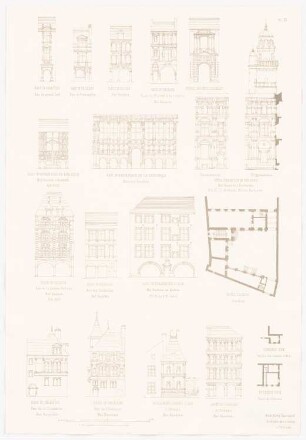 Haus, Chartres, Rouen und Toulouse. Häuser, Orleans. Pavillon der Jeanne d´Arc. Haus du Cerceau: Ansichten (aus: Baukunst d. Renaissance in Frankreich, hrsg. v. Zeichenaussch. d. Stud. d. TH Berlin, 1875)