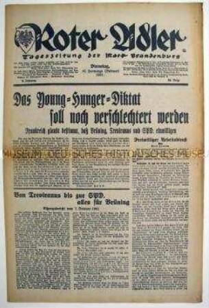 Regionale NSDAP-Tageszeitung "Roter Adler" mit scharfen Angriffen auf die Brüning-Regierung (Young-Plan)