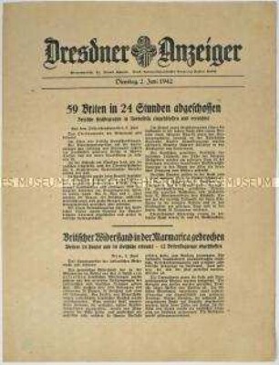 Nachrichtenblatt "Dresdner Anzeiger" mit Meldungen des Oberkommandos der Wehrmacht und des italienischen Oberkommandos u.a. zum Kriegsgeschehen in Nordafrika