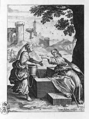 Christus und die Samariterin am Brunnen : Kilian, Lucas. Christus und die Samariterin am Brunnen. Kupferstich; 119 x 85 mm. 1635. Dresden: Kupferstich-Kabinett A 22 006 in A 186, 2