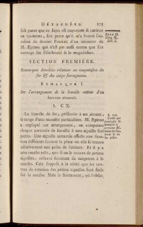 Section Première. Remarques détachées rélatives au magnétisme du fer & des corps ferrugineux