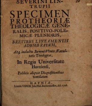 Specimen protheoriae theologicae generalis, positivo-polemicae plenioris