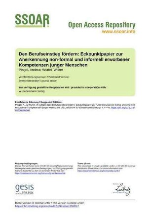 Den Berufseinstieg fördern: Eckpunktpapier zur Anerkennung non-formal und informell erworbener Kompetenzen junger Menschen