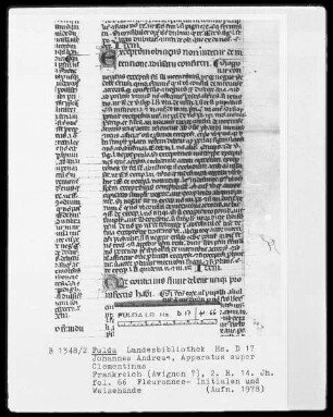 Johannes Andreae, Apparatus super Clementinas — Initialen und Weisehände, Folio 66recto
