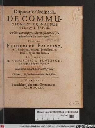 Disputatio Ordinaria De Communione SS. Coenae Sub Utraque Specie