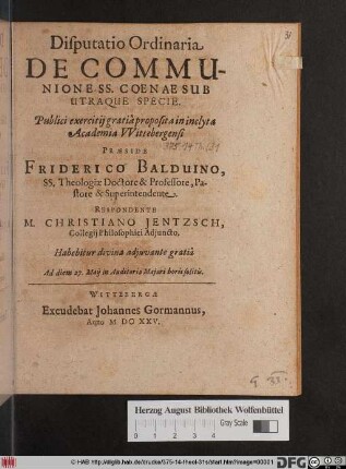 Disputatio Ordinaria De Communione SS. Coenae Sub Utraque Specie