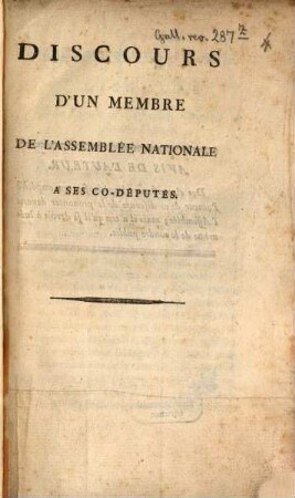 Discours d'un membre de l'Assemblée nationale à ses Co-Députés