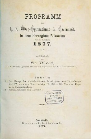 Programm des K.K. Ober-Gymnasiums in Czernowitz in dem Herzogthum Bukowina : veröffentlicht am Schlusse des Schuljahres .... 1876/77