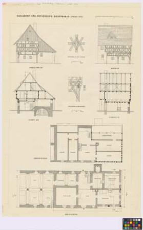 Quolsdorf (Kreis Rothenburg): Bauernhaus (erbaut 1578). - Haupthaus Giebel-Ansicht, Teil-Hof-Seiten-Ansicht, Querschnitt A-B, Teil-Längsschnitt C-D, Grundriss des Obergeschosses, Grundriss des Erdgeschosses). - Mittelstiel an der Hofseite (Ansicht). - Eckständer an der Hofseite (Ansicht)