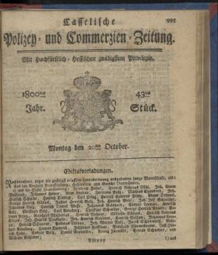 43tes Stueck, Montag den 20ten October 1800