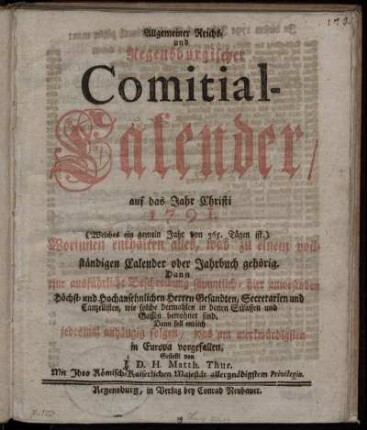 1791: Allgemeiner Reichs- und Regensburgischer Comitial-Calender, auf das Jahr Christi 1791