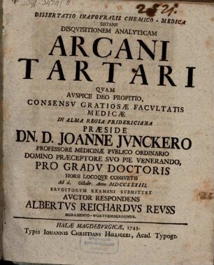 Diss. med. sistens disquisitionem analyticam arcani tartari