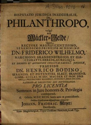Disputatio Iuridica Inauguralis, De Philanthropo, vulgo von Mäckler-Gelde