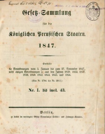 1847: Gesetzsammlung für die Königlich-Preußischen Staaten