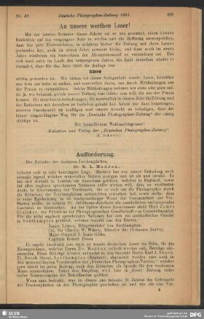 An unsere werthen Leser!