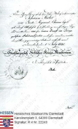 Stieler, Johannes (1787-1847) / Verleihungsurkunde des Felddienstzeichens an Johannes Stieler durch das Kriegsministerium, mit Papiersiegel
