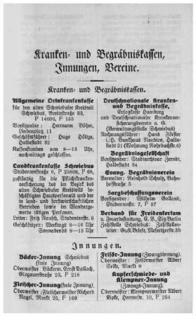 Kranken- und Begräbniskassen, Innungen, Vereine.