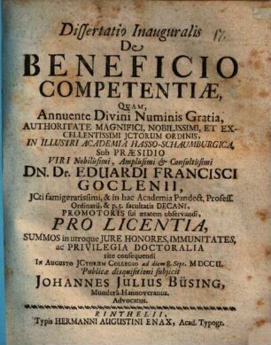 Diss. inaug. de beneficio competentiae
