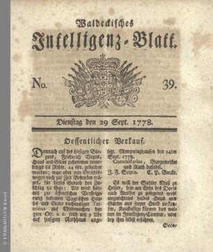 No. 39. Dienstag den 29 Sept. 1778