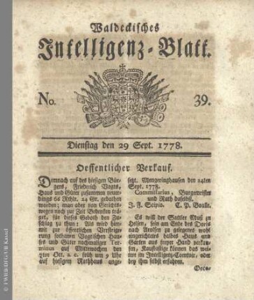 No. 39. Dienstag den 29 Sept. 1778