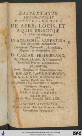 Dissertatio Inauguralis Physico-Medica De Aere, Locis, Et Aquis Brisgojae